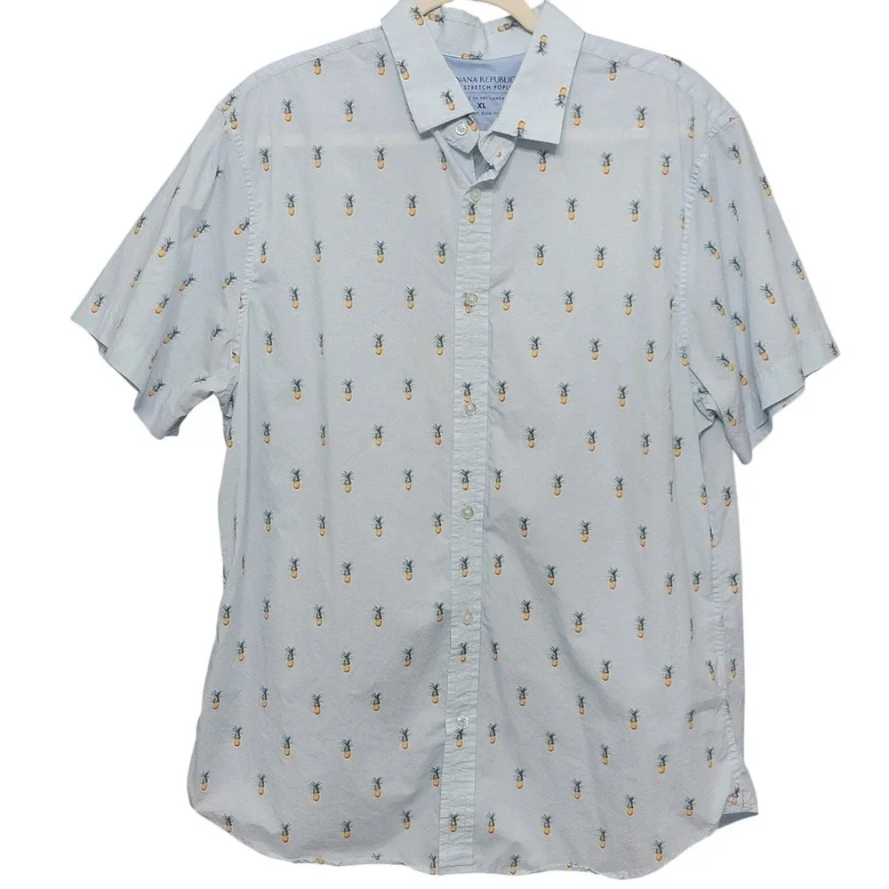 Banana Republic Grant Slim Fit Luxe Stretch Poplin Button Up Shirt XL Pineapple